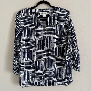 Vintage Preppy Geometric Womens 2X Navy Linen Blend Tunic Top Beach Career Retro